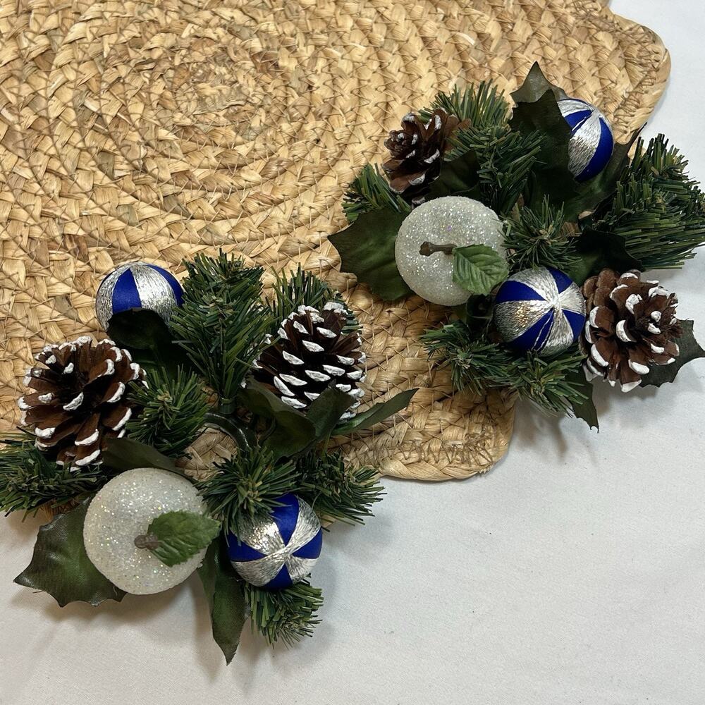 Vintage Set of 2 Blue & Silver Apple Pinecones Satin Ball Taper Candle Rings